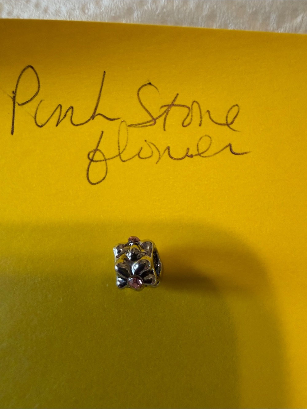 Silver Floral Bead Charm with Pink Stone Accent